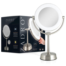 Zadro Lexington 12-inch wide mirror in satin nickel angled for versatile vanity setups.