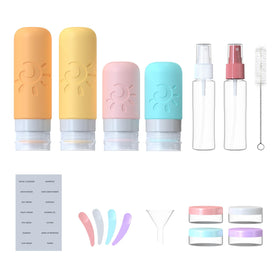 Zafit travel kit shows four bottles, jars, sprays for versatile toiletries on the go