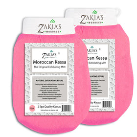 Zakia's Morocco Original Kessa glove pink, front view for gentle exfoliation of rough skin