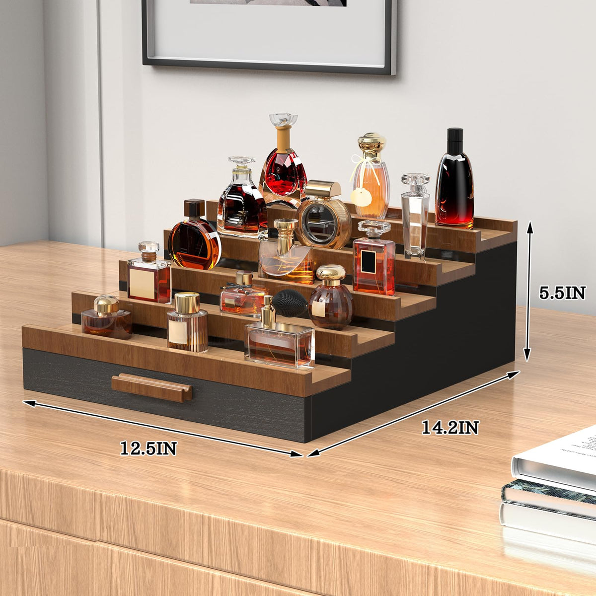 Zaldia cologne stand in black walnut finish enhances dresser aesthetics.