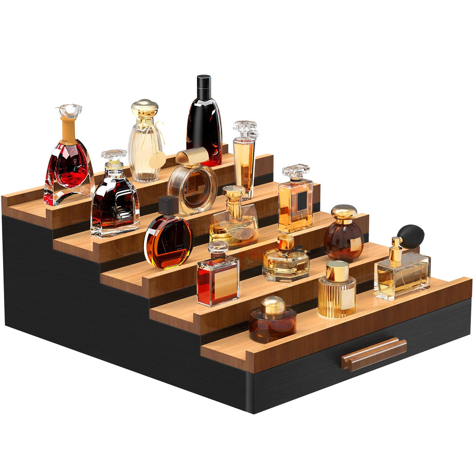 Zaldia wooden 5-tier cologne organizer displaying bottles neatly on a dresser.