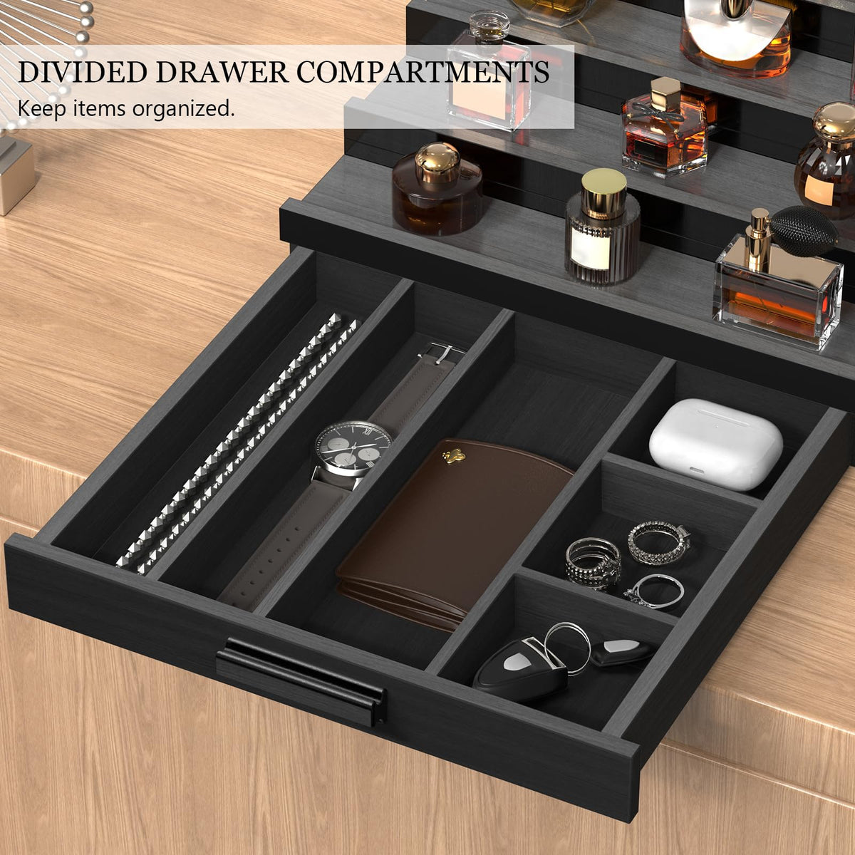 Zaldia wooden Cologne Organizer drawer open with divided sections for accessories