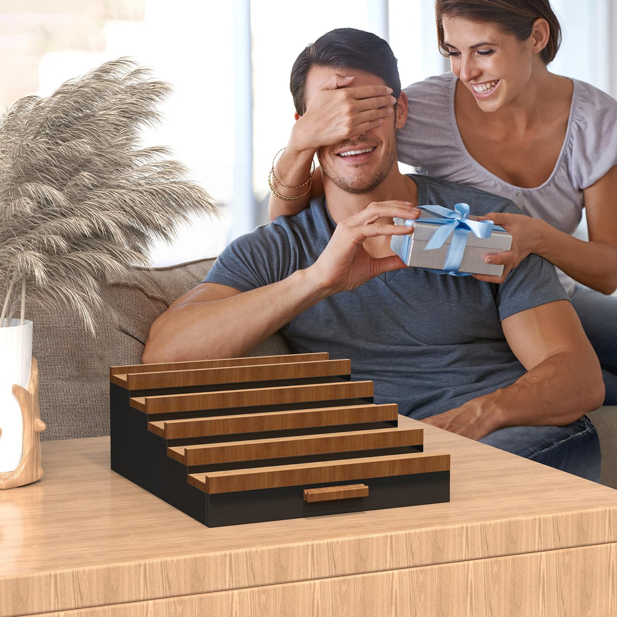Zaldia wooden rack on dresser keeps fragrance collection organized.