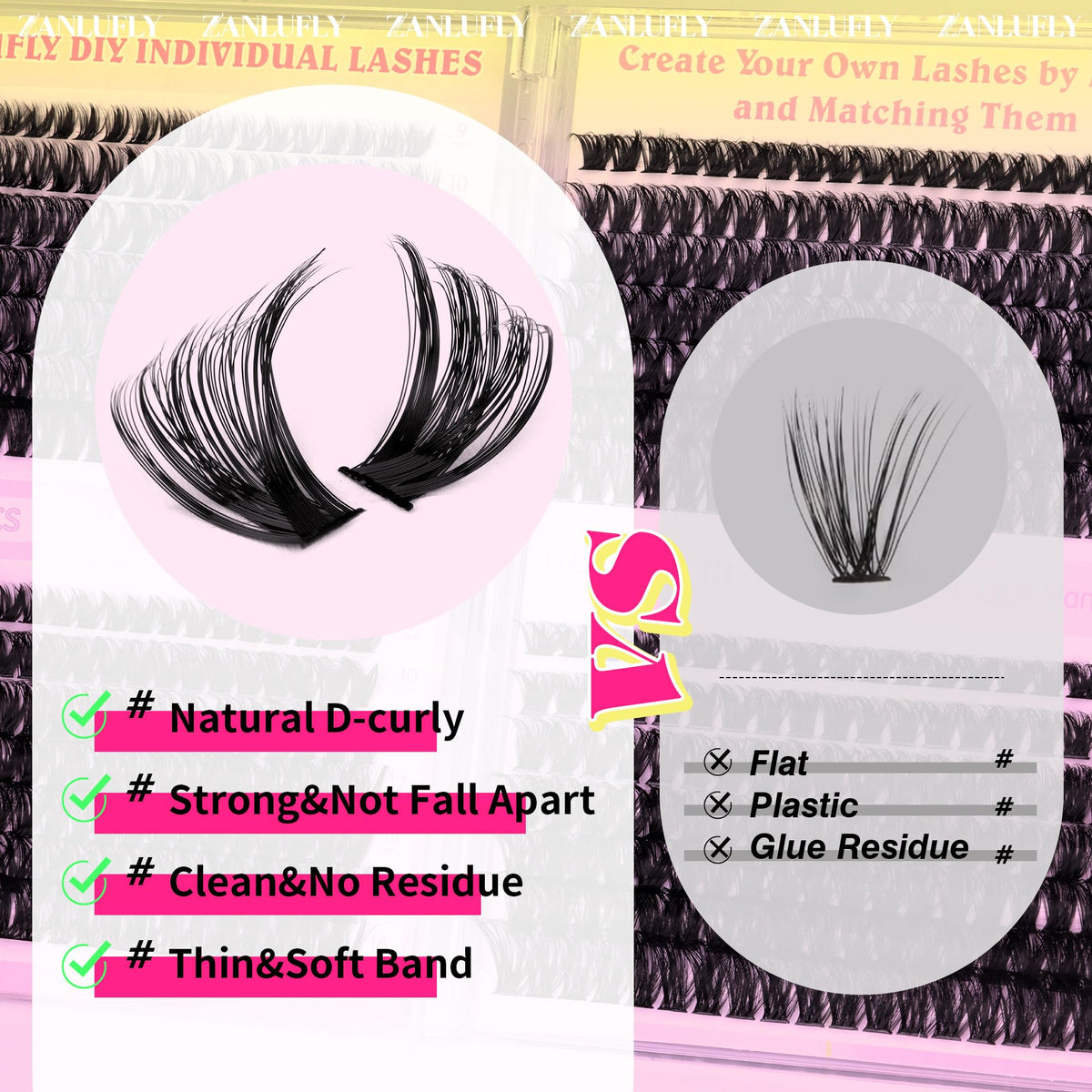 Zanlufly lash clusters handmade stems with ultra-fine fibers for light comfort