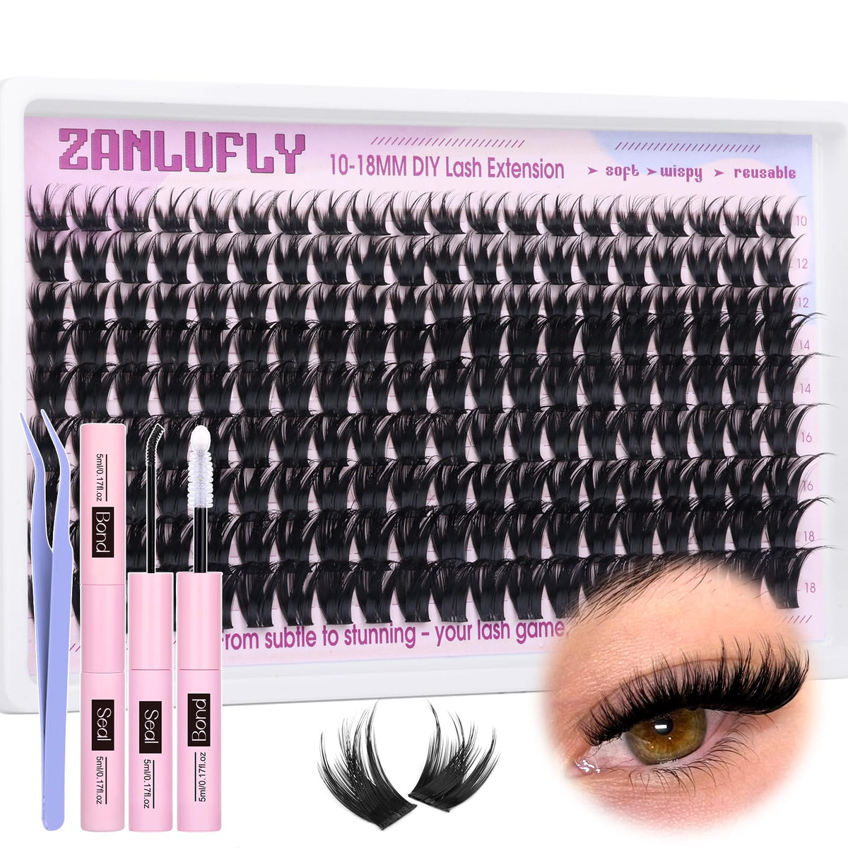 Zanlufly Lash Clusters Kit box overview for at‑home salon‑quality lashes.