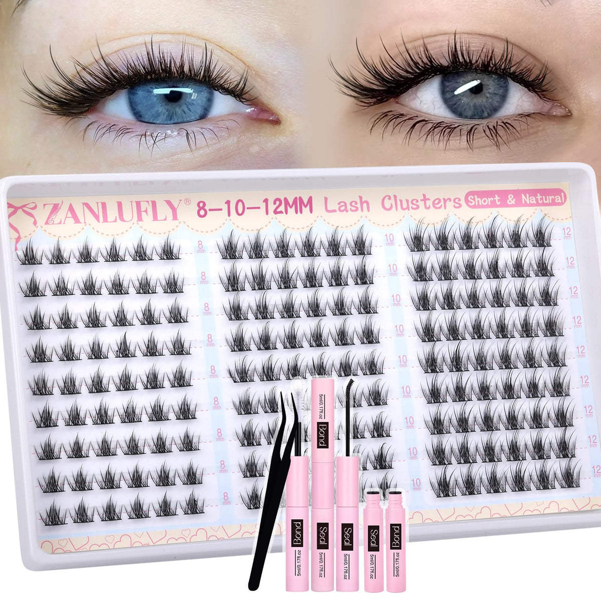 ZANLUFLY natural lash clusters 8-10-12mm closeup showing subtle, everyday enhancement