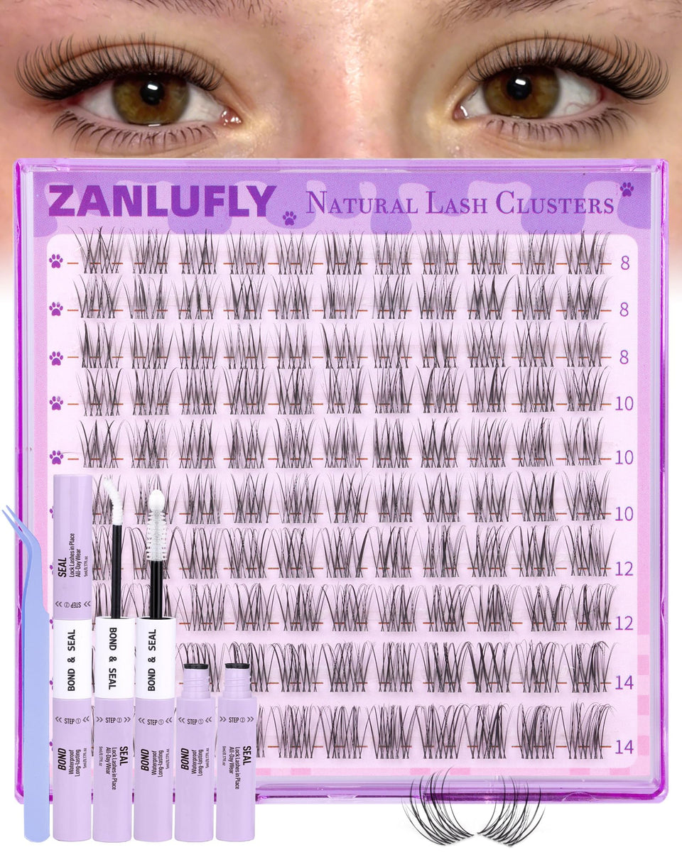 Zanlufly natural lash clusters kit box front for home use and salon-like results