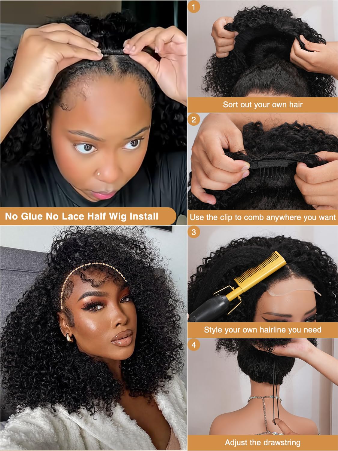 ZANPAL half wig with drawstring cap for adjustable secure fit