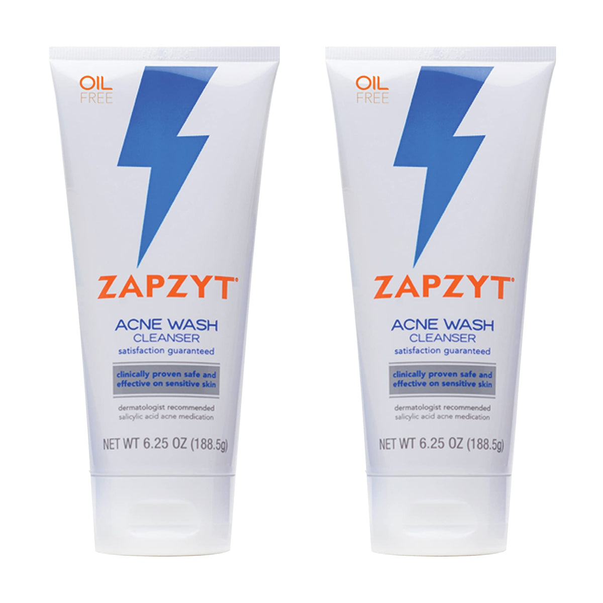Zapzyt Acne Wash bottle front, fragrance-free formula suited for sensitive skin and daily cleansing.