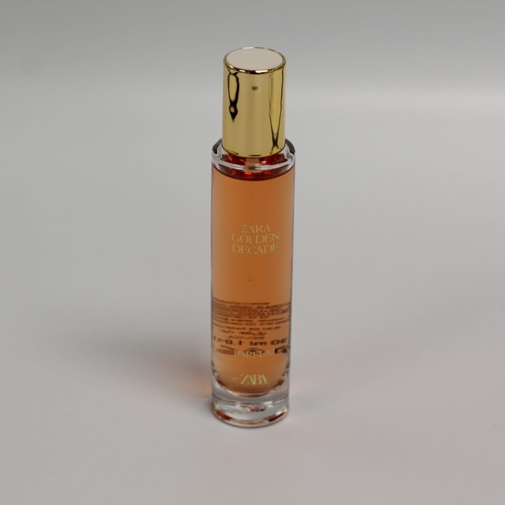 Close-up of Zara Golden Decade EDP bottle, highlighting floral allure for evening occasions.