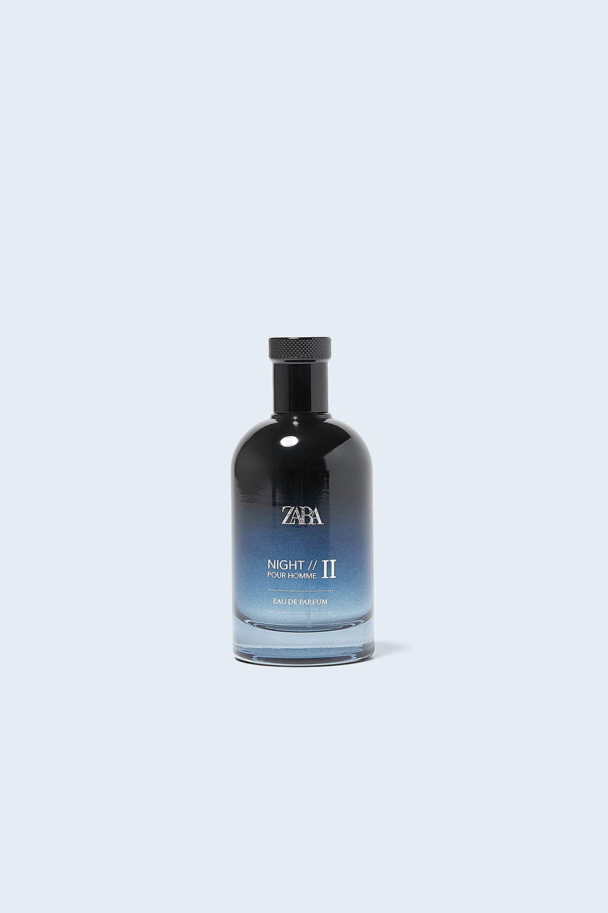 Zara Night Pour Homme II bottle closeup label highlighting premium fragrance details.