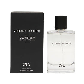 Zara Vibrant Leather EDP bottle front view, bold masculine design for daily wear.
