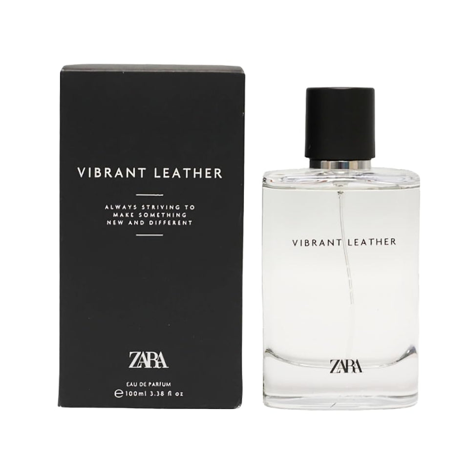 Zara Vibrant Leather EDP bottle front view, bold masculine design for daily wear.
