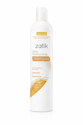 Zatik Deep Moisturizing Shampoo bottle foreground highlighting hydrating formula