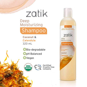 Zatik shampoo label emphasizes vegan, biodegradable, color-safe claims