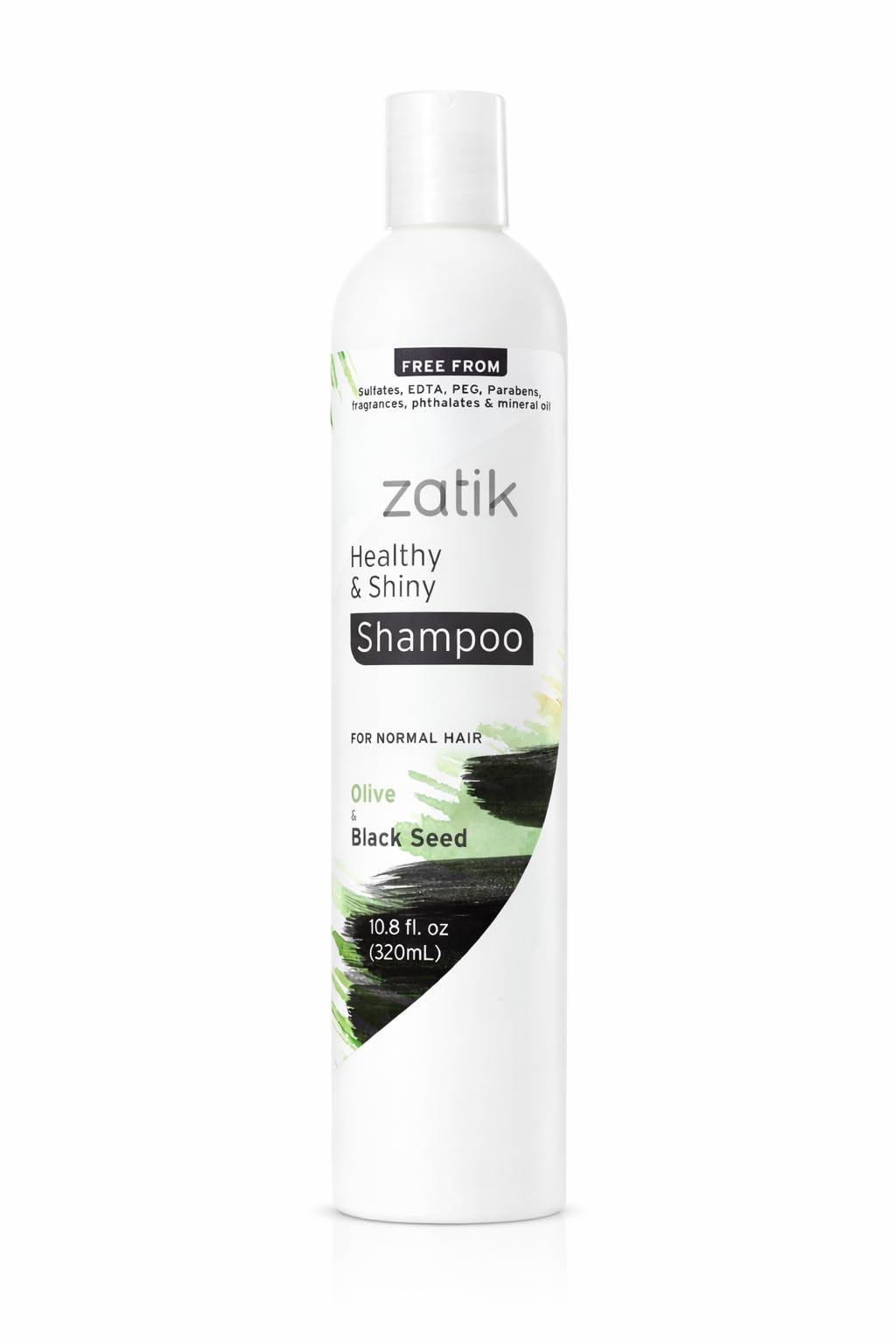 Zatik Healthy & Shiny Shampoo bottle pours to release olive and black seed oils.