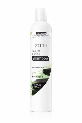 Zatik Healthy & Shiny Shampoo bottle pours to release olive and black seed oils.