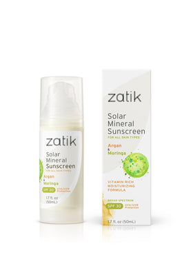 Zatik solar mineral sunscreen bottle front offering daily UVA/UVB protection.