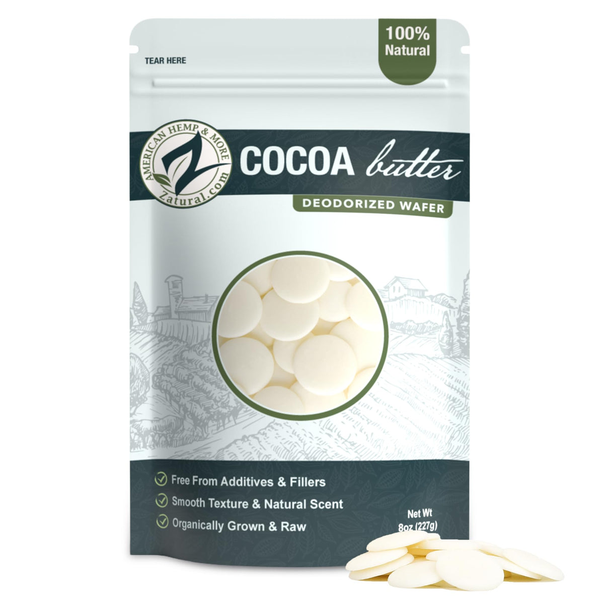 Zatural Cocoa Butter Wafers close-up showing purity and neutral scent for DIY projects.