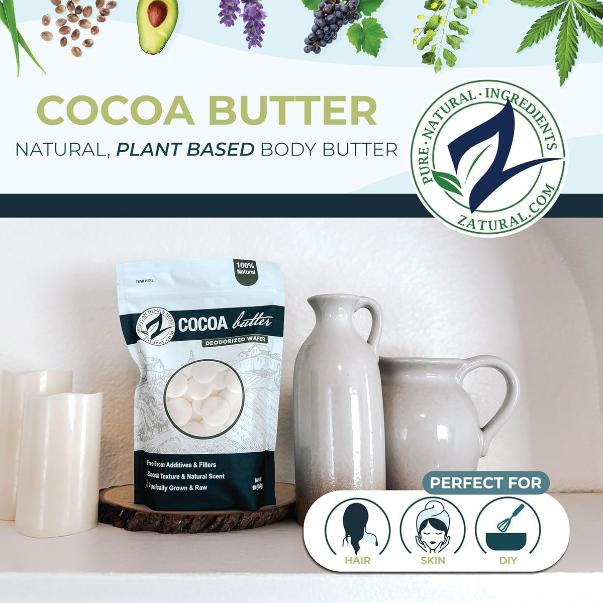 Zatural Cocoa Butter Wafers provide a neutral base for desserts and body care.
