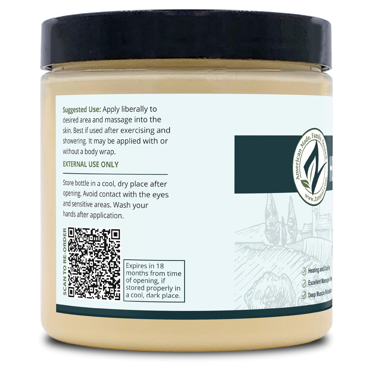 Zatural cruelty-free label on hemp hot cream packaging.