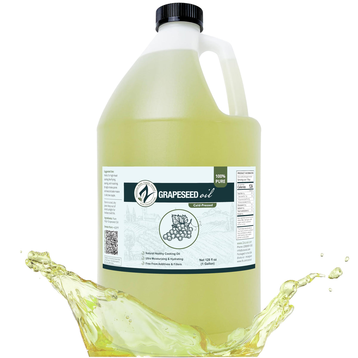 Zatural grapeseed oil bottle pour shows light green-gold sheen ideal for high-heat cooking.
