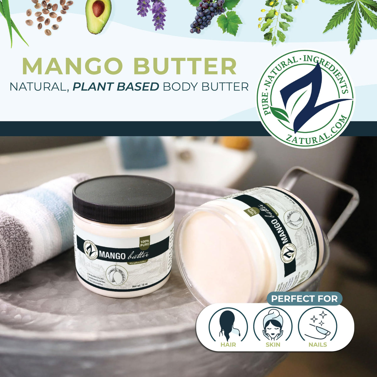Label detail of Zatural Mango Butter highlights pure, cold-pressed quality.