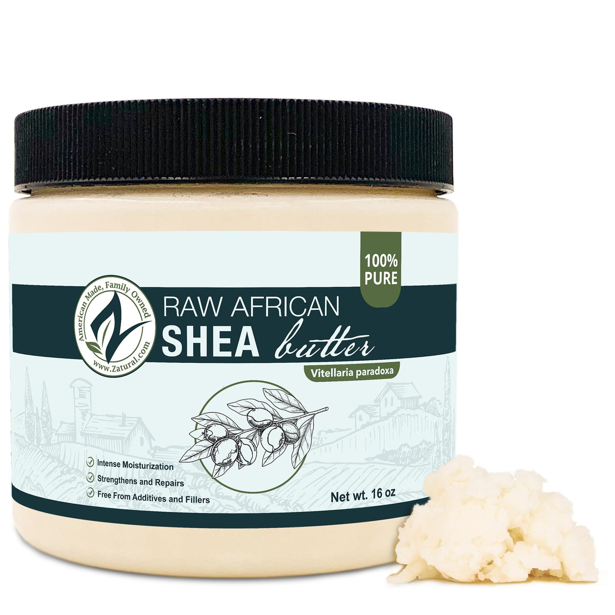 Zatural Shea Butter 16oz packaging for deep skin hydration.