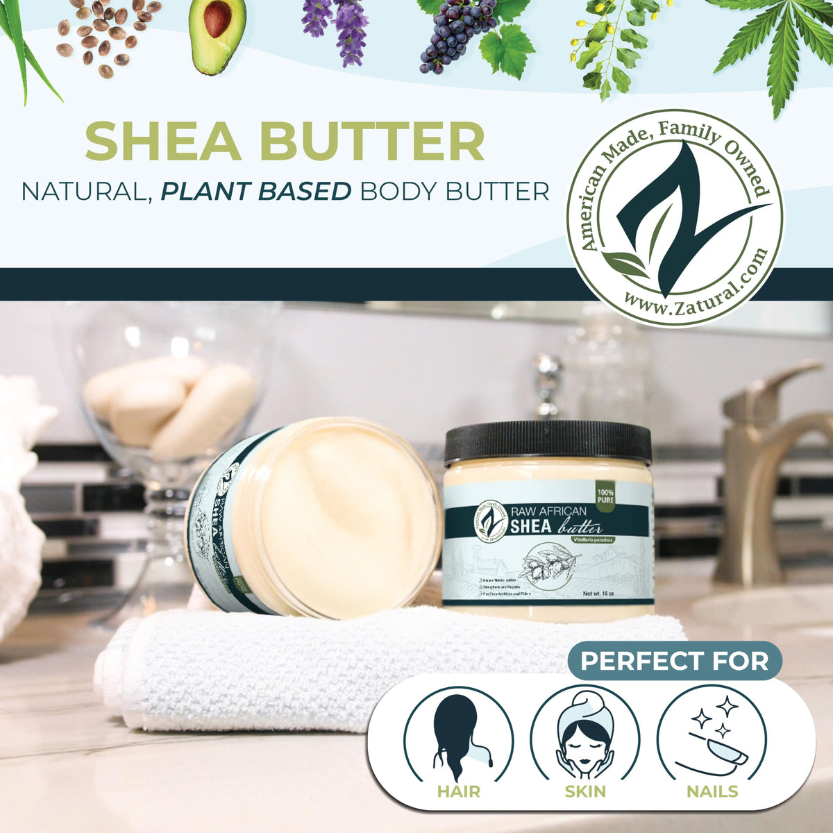 Close-up of Zatural Shea Butter's creamy ivory texture for rich moisturization.