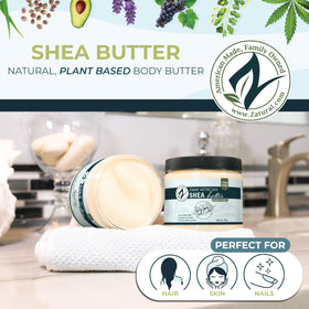 Close-up of Zatural Shea Butter's creamy ivory texture for rich moisturization.