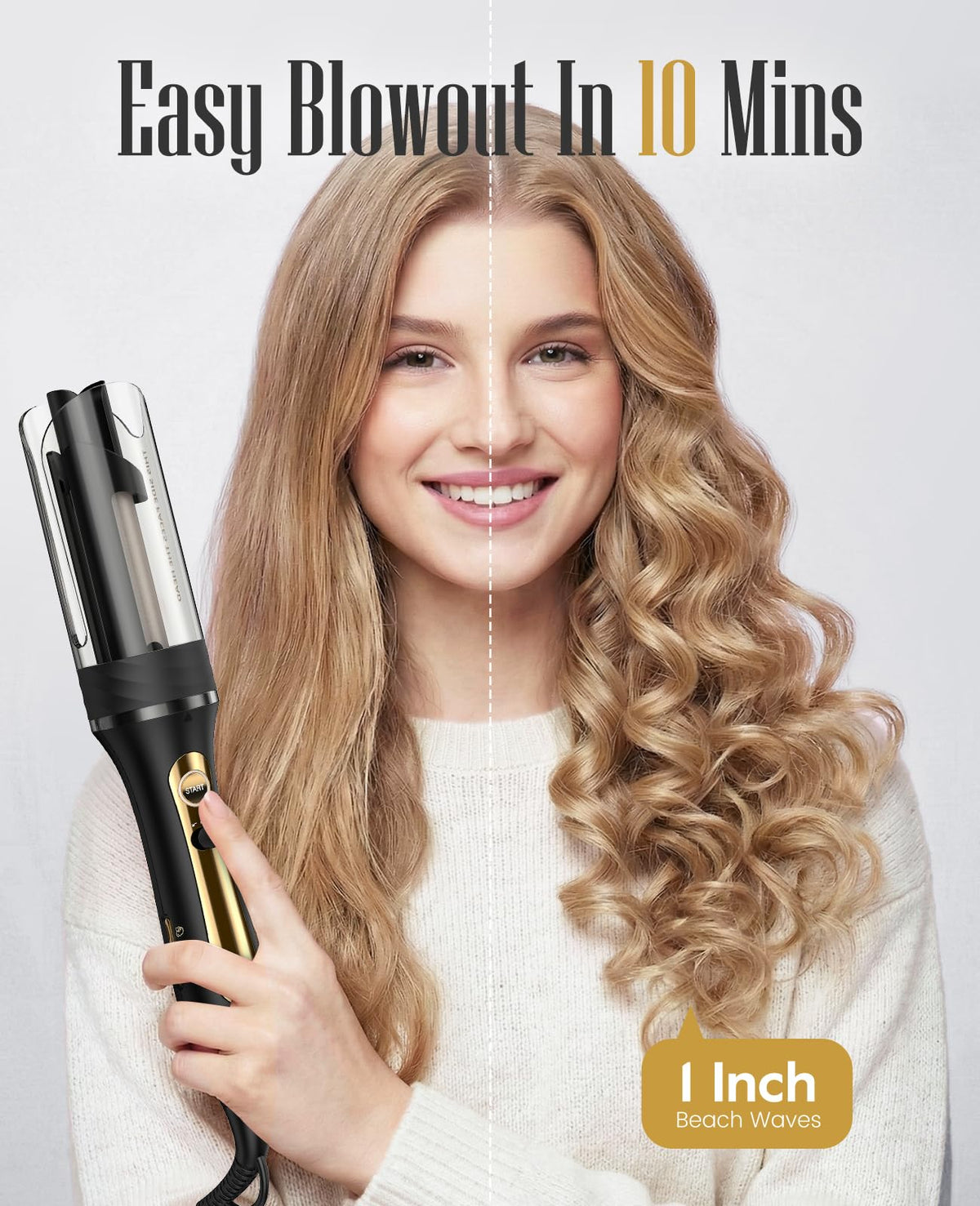 ZAVAREA curling iron creating beach waves for quick styling.