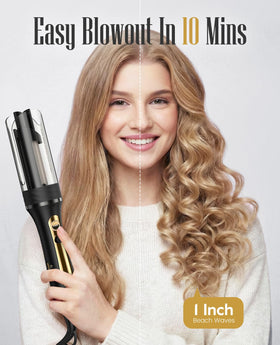 ZAVAREA curling iron creating beach waves for quick styling.