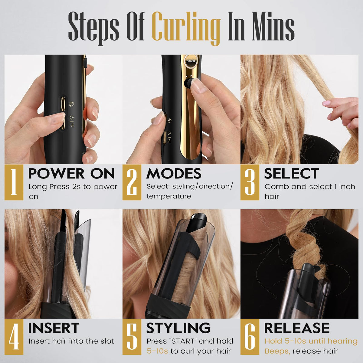 ZAVAREA long-hair curling with extra-long barrel for even results.