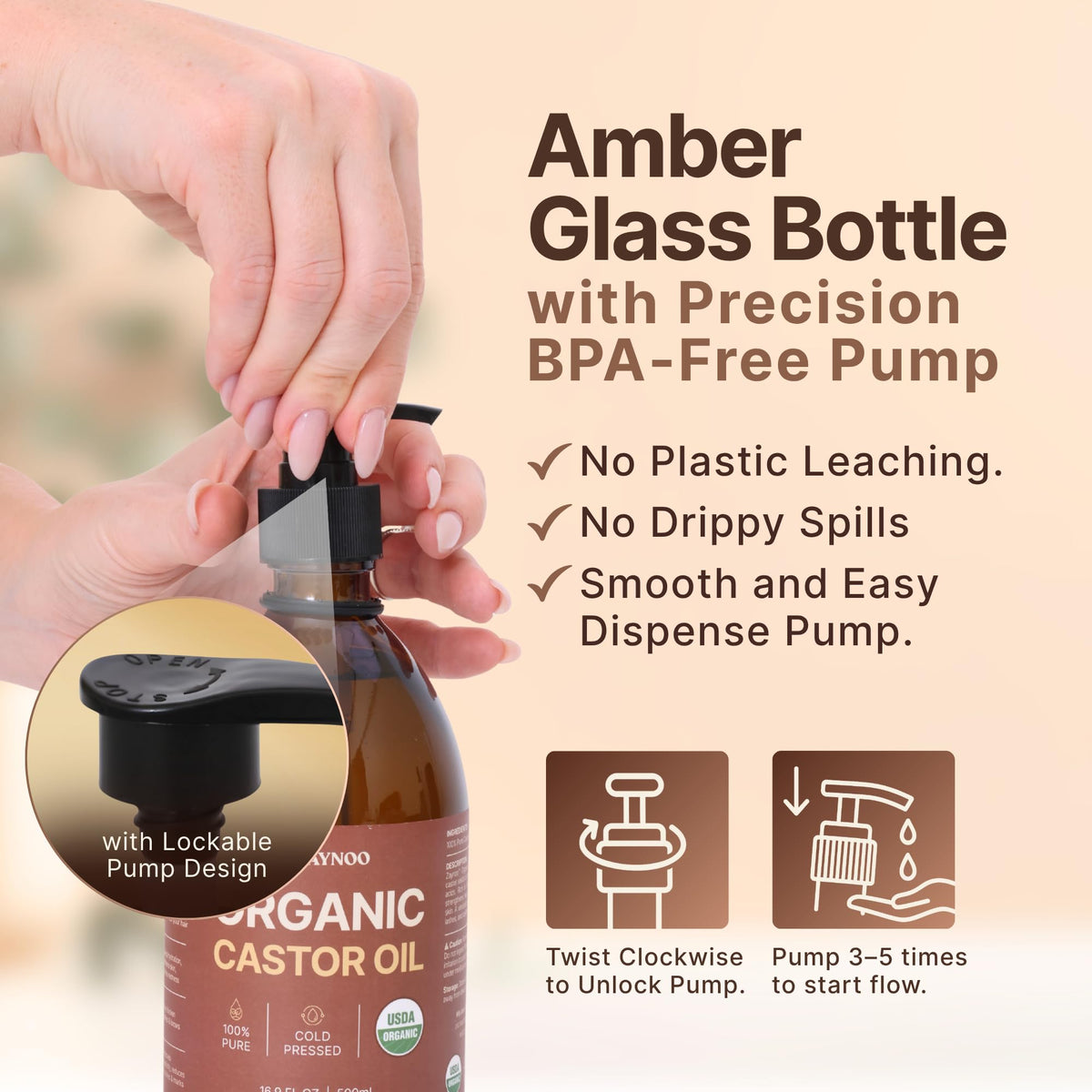 Zaynoo castor oil with BPA-free pump enables easy, mess-free care.
