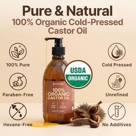 Zaynoo castor oil glass bottle closeup emphasizes purity and premium packaging.