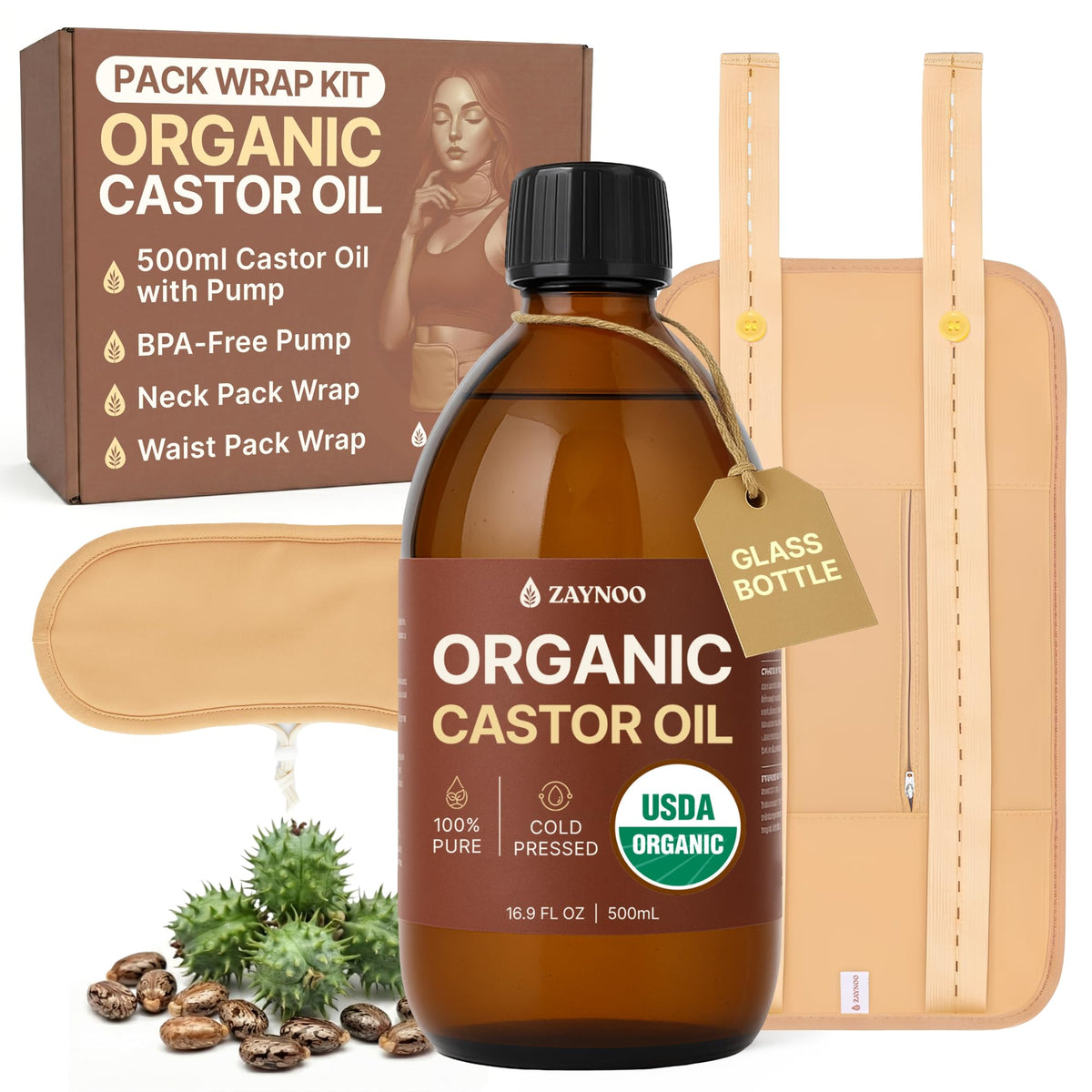 Zaynoo castor oil bottle for at‑home wellness rituals.