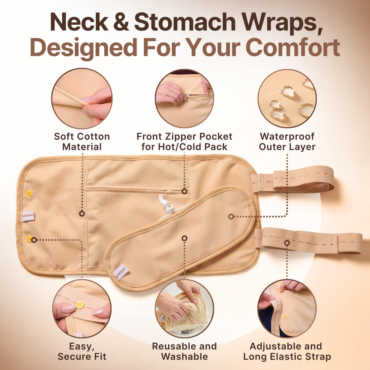Zaynoo neck wrap shown with soft organic cotton for comfort.