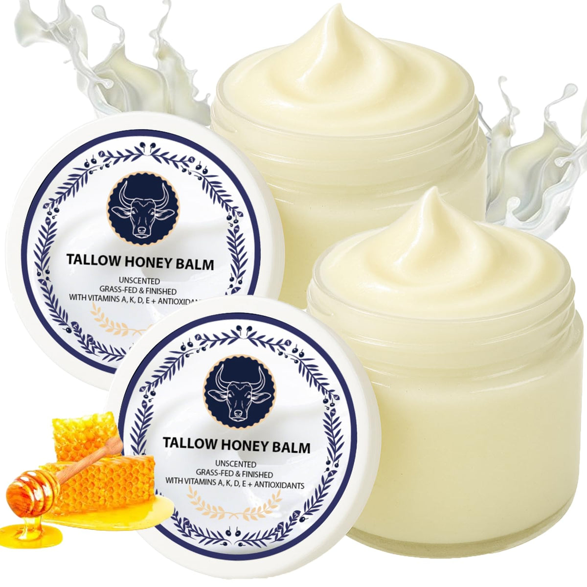 Zdiwond Grass-Fed Tallow Honey Balm jar front shows nourishing formula for hydrated skin.