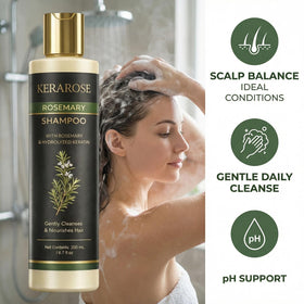 Close-up of Kerarose Rosemary Shampoo label highlighting organic rosemary.
