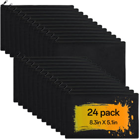 ZeeDix 24-pack black canvas pouches organized for bulk storage and DIY customization.