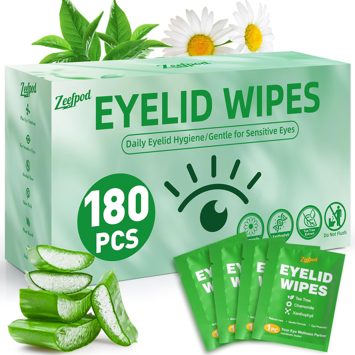 Zeefpod Tea Tree Eye Wipes packaging for easy on-the-go cleansing and hydration
