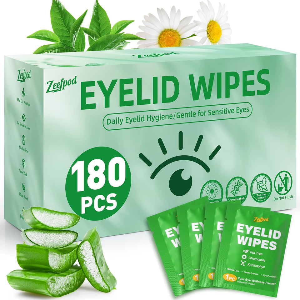 Zeefpod Tea Tree Eye Wipes packaging for easy on-the-go cleansing and hydration