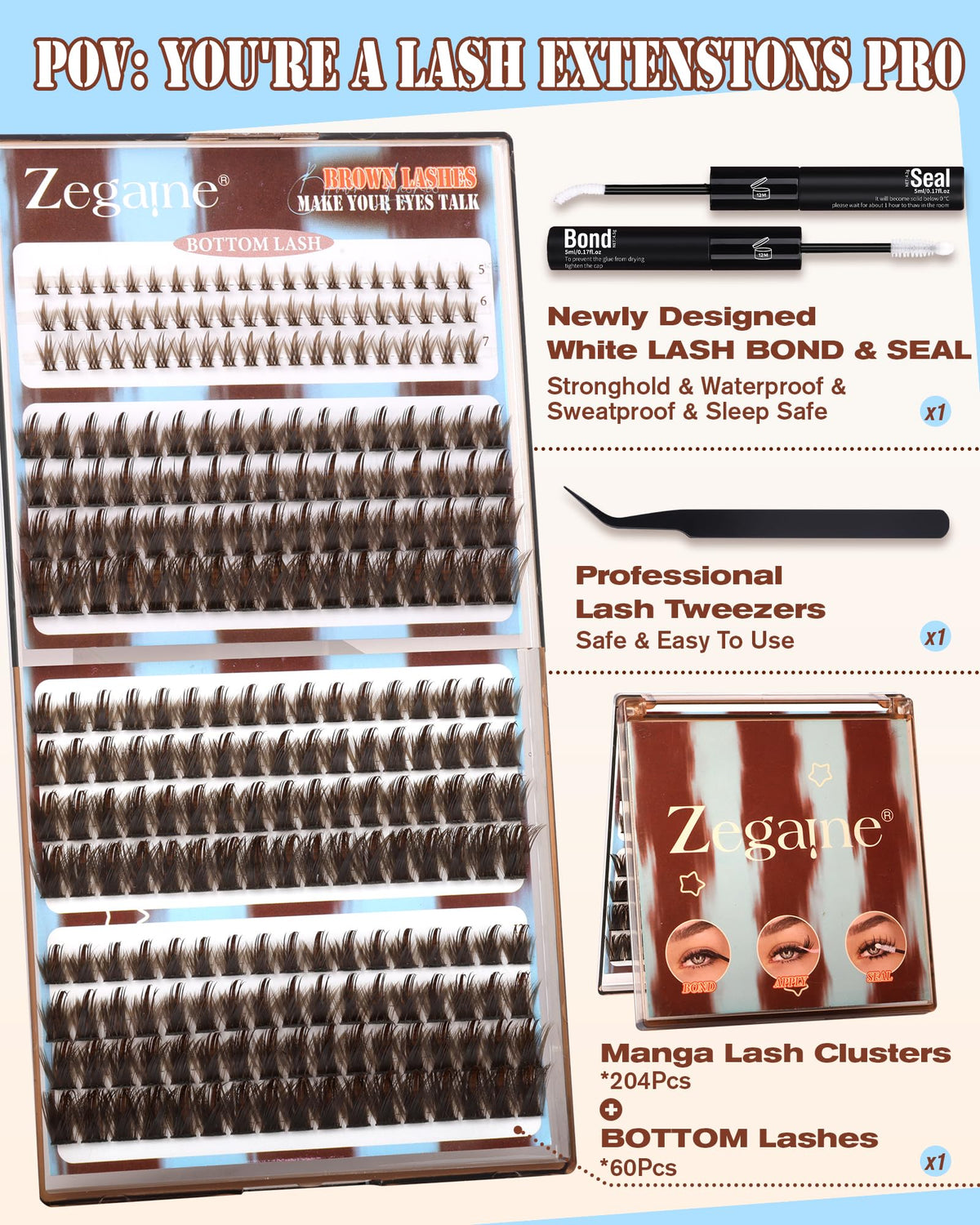 Zegaine lash tweezers for precise, easy clustering application.