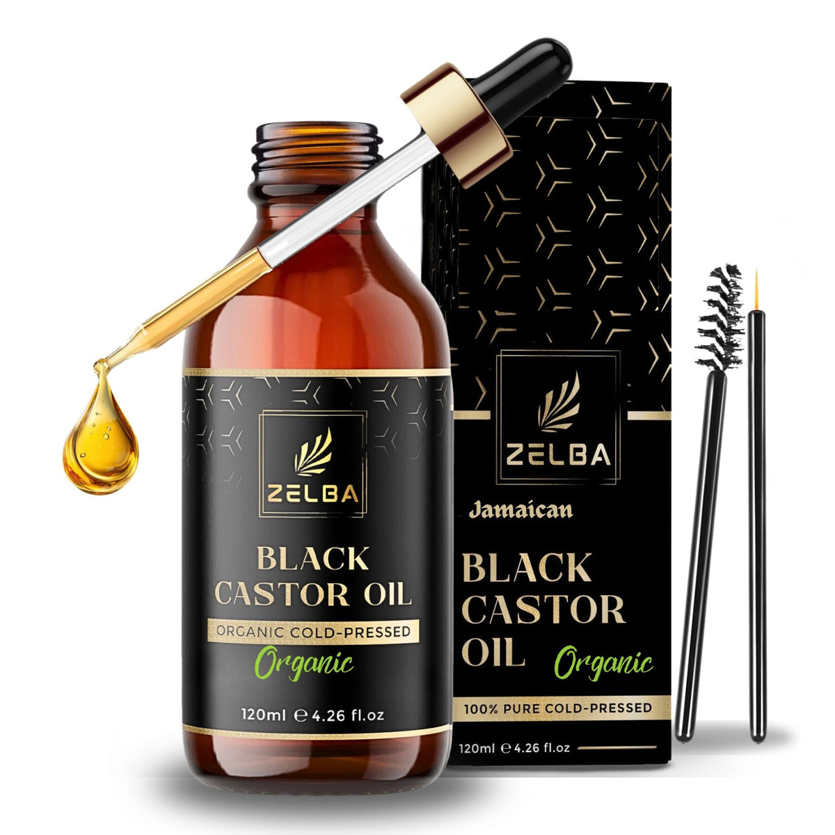Zelba Jamaican Black Castor Oil bottle in glass demonstrating pure formula for hair and skin care