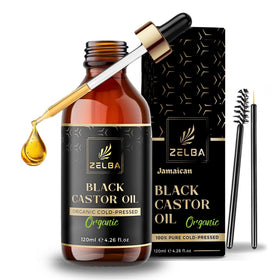 Zelba Jamaican Black Castor Oil bottle in glass demonstrating pure formula for hair and skin care