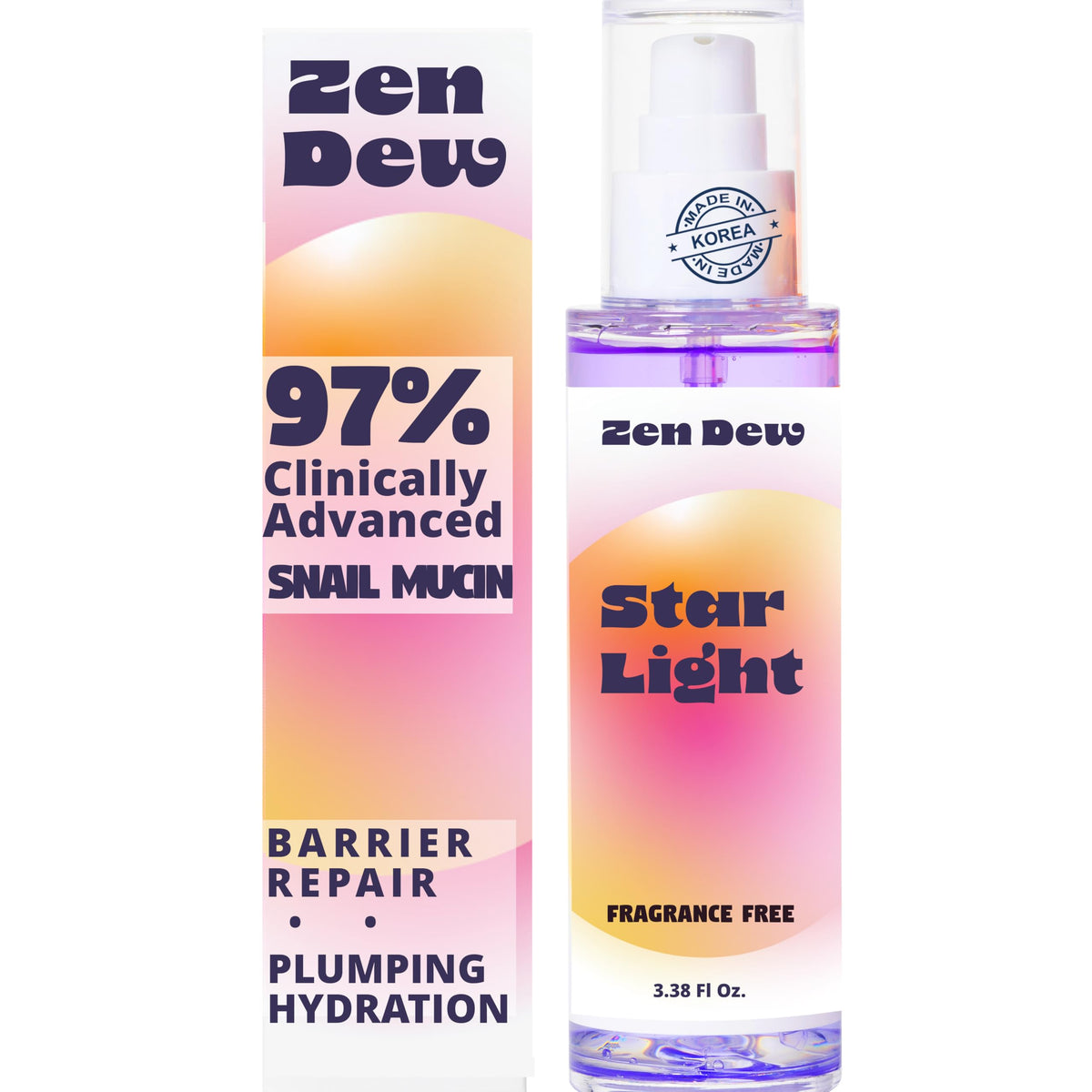Zen Dew Star Light snail serum bottle pour showcases hydrating formula for glow.