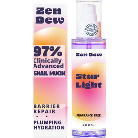 Zen Dew Star Light snail serum bottle pour showcases hydrating formula for glow.