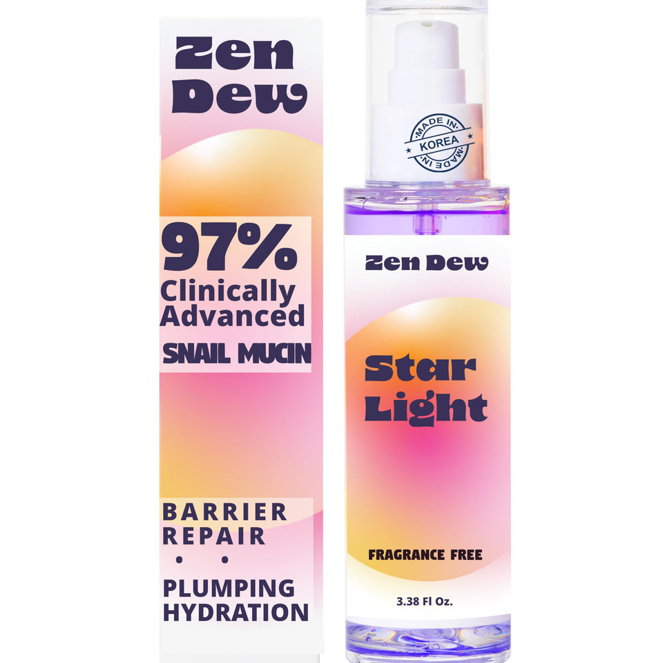 Zen Dew Star Light snail serum bottle pour showcases hydrating formula for glow.