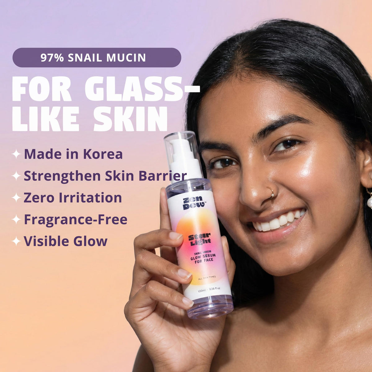 Close-up texture of Zen Dew Star Light snail serum showing silky finish.