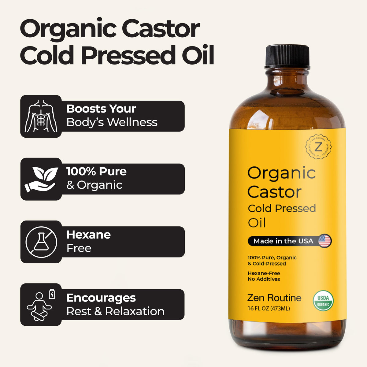 Zen Routine hexane-free oil bottle: premium castor oil color and purity